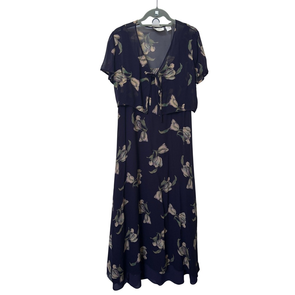 Dana Buchman 100%‎ Silk Floral Maxi Dress & Sheer Topper Set Navy Purple Size 10